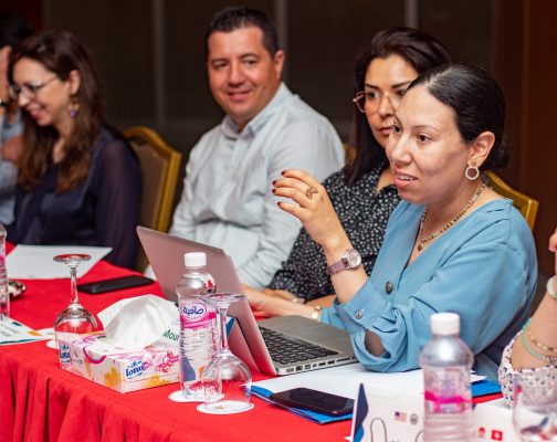 A woman with a laptop speaking at a meeting